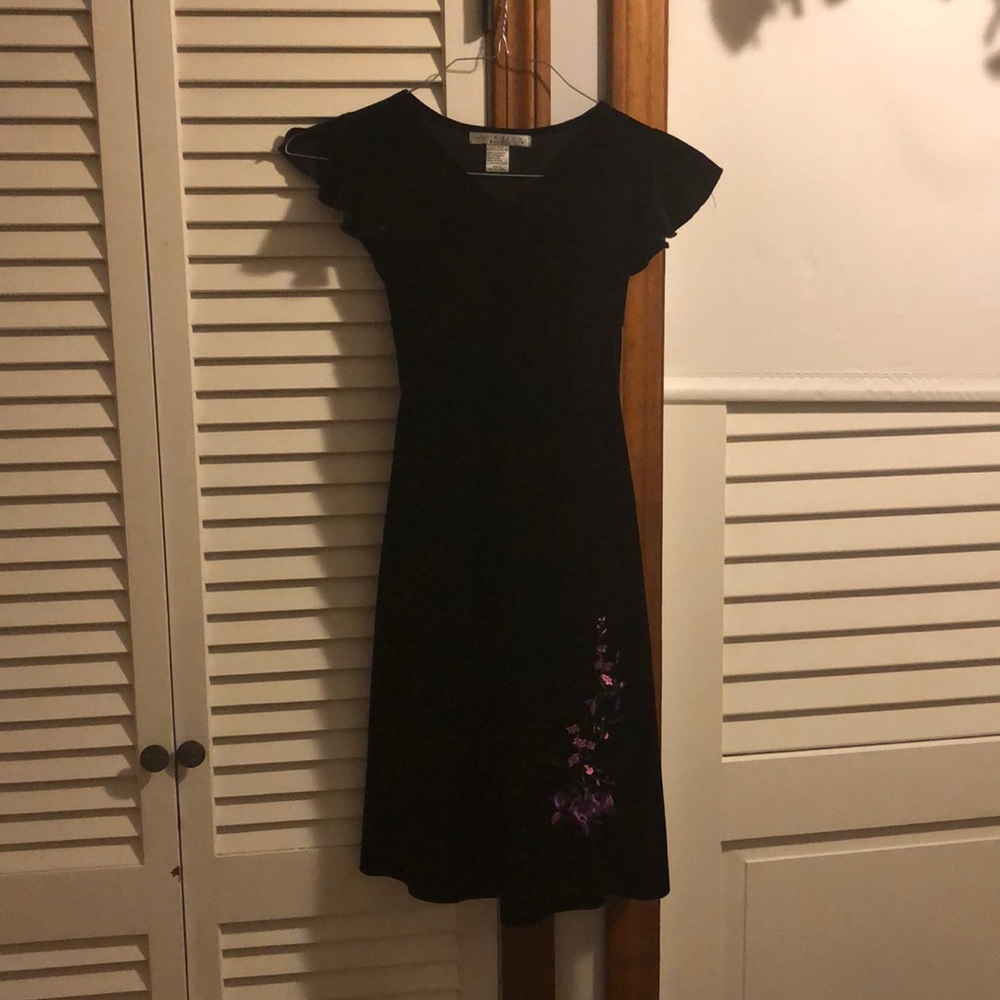 black velvet dress with purple and pink embroidery